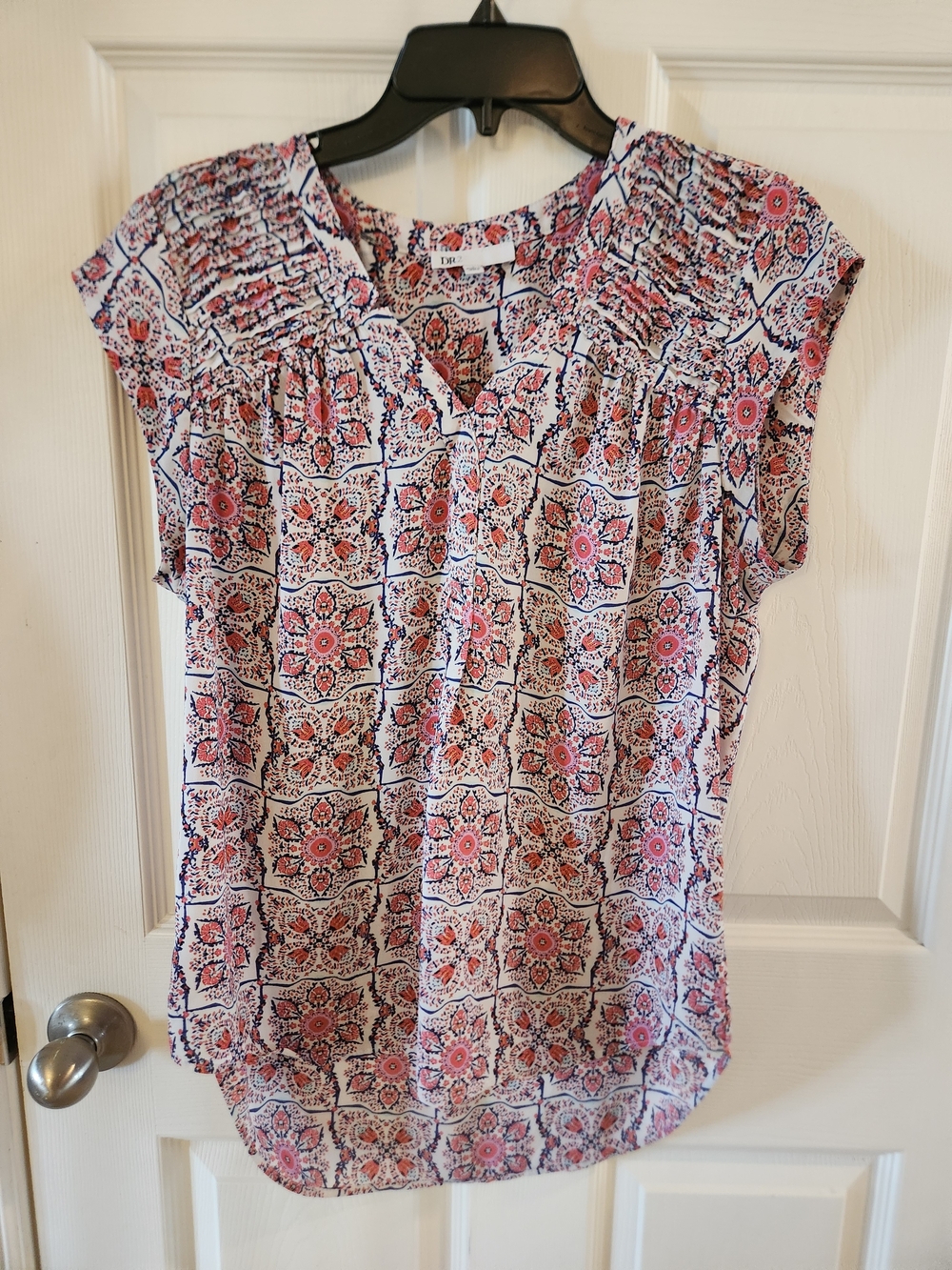 Cap-Sleeve Floral Geometric Print Blouse - Pink & Blue